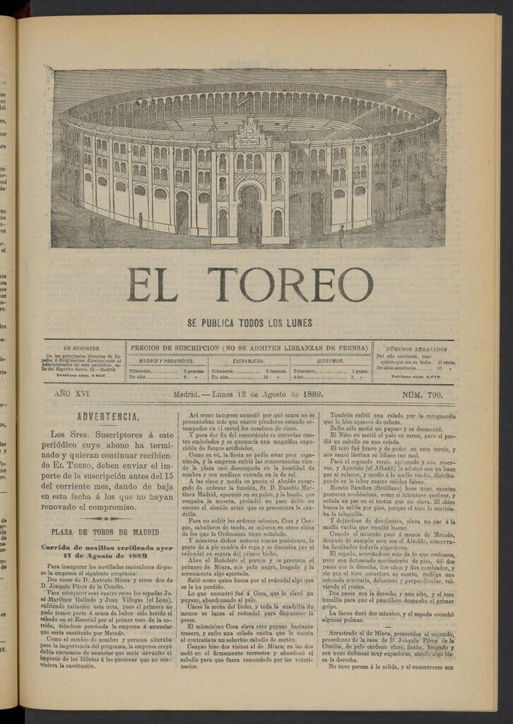 Miniatura de El Toreo: suplemento a "La Correspondencia Teatral" del 12 de agosto de 1889, nº 790