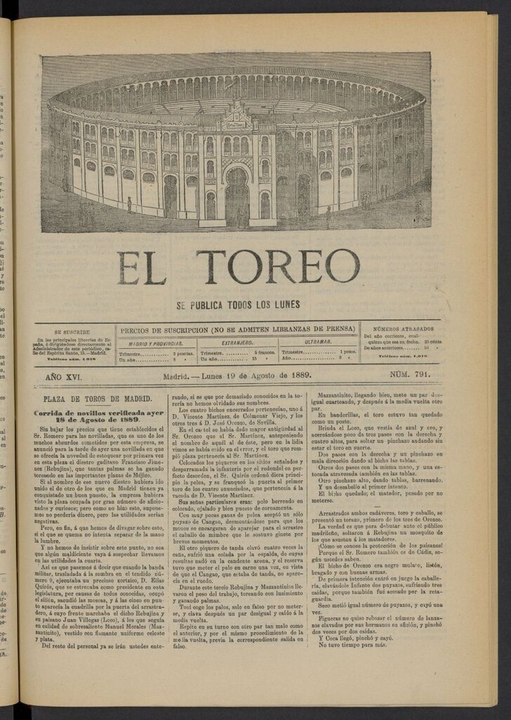 Miniatura de El Toreo: suplemento a "La Correspondencia Teatral" del 19 de agosto de 1889, nº 791
