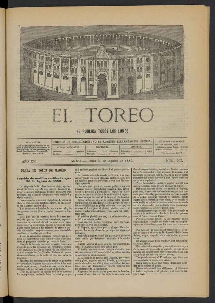 Miniatura de El Toreo: suplemento a "La Correspondencia Teatral" del 26 de agosto de 1889, nº 792