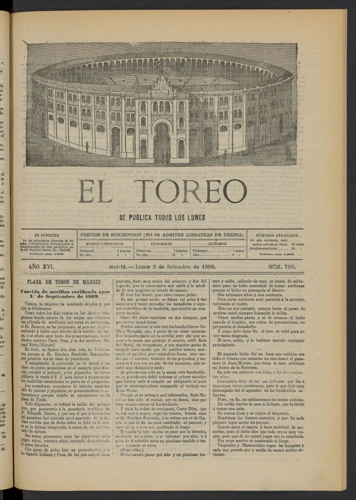 Miniatura de El Toreo: suplemento a "La Correspondencia Teatral" del 2 de septiembre de 1889, nº 793