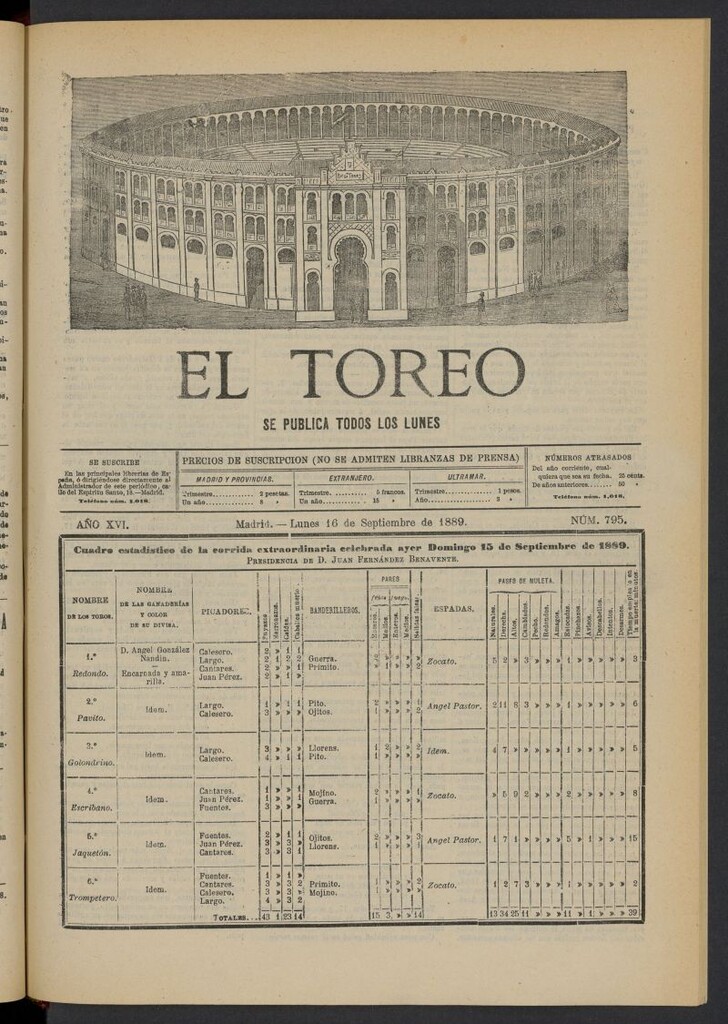 Miniatura de El Toreo: suplemento a "La Correspondencia Teatral" del 16 de septiembre de 1889, nº 795