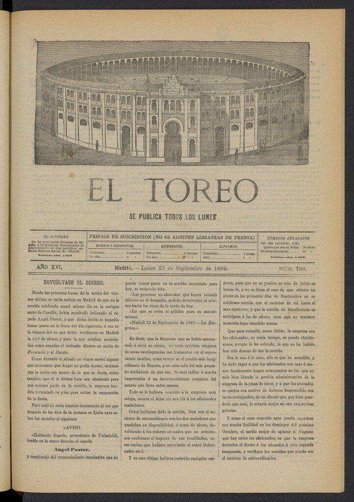 Miniatura de El Toreo: suplemento a "La Correspondencia Teatral" del 23 de septiembre de 1889, nº 796