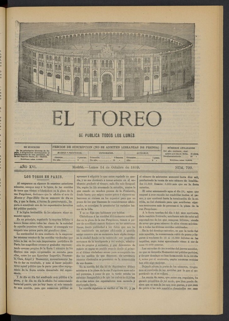 Miniatura de El Toreo: suplemento a "La Correspondencia Teatral" del 14 de octubre de 1889, nº 799