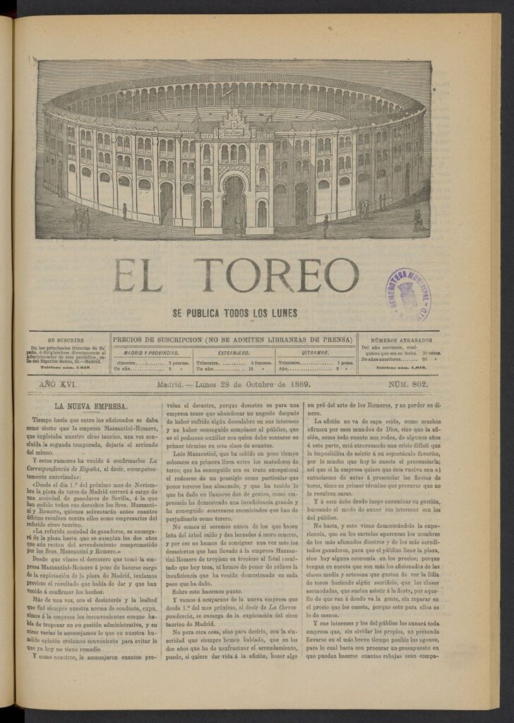 Miniatura de El Toreo: suplemento a "La Correspondencia Teatral" del 28 de octubre de 1889, nº 802