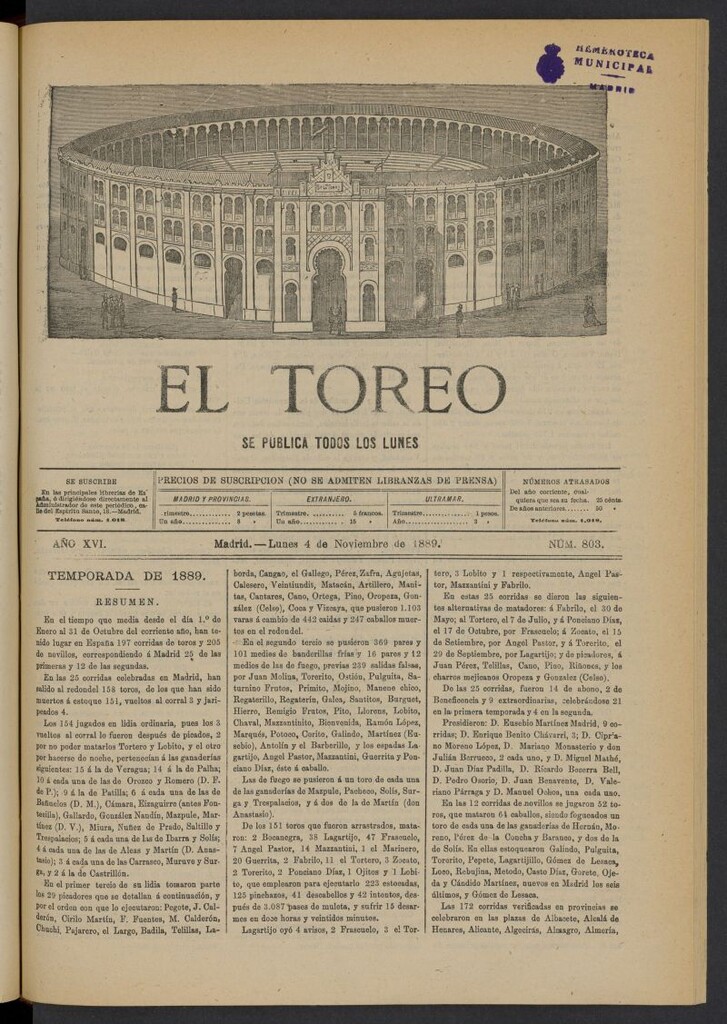 Miniatura de El Toreo: suplemento a "La Correspondencia Teatral" del 4 de noviembre de 1889, nº 803
