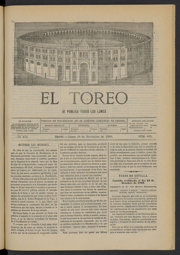 Miniatura de El Toreo: suplemento a "La Correspondencia Teatral" del 18 de noviembre de 1889, nº 805