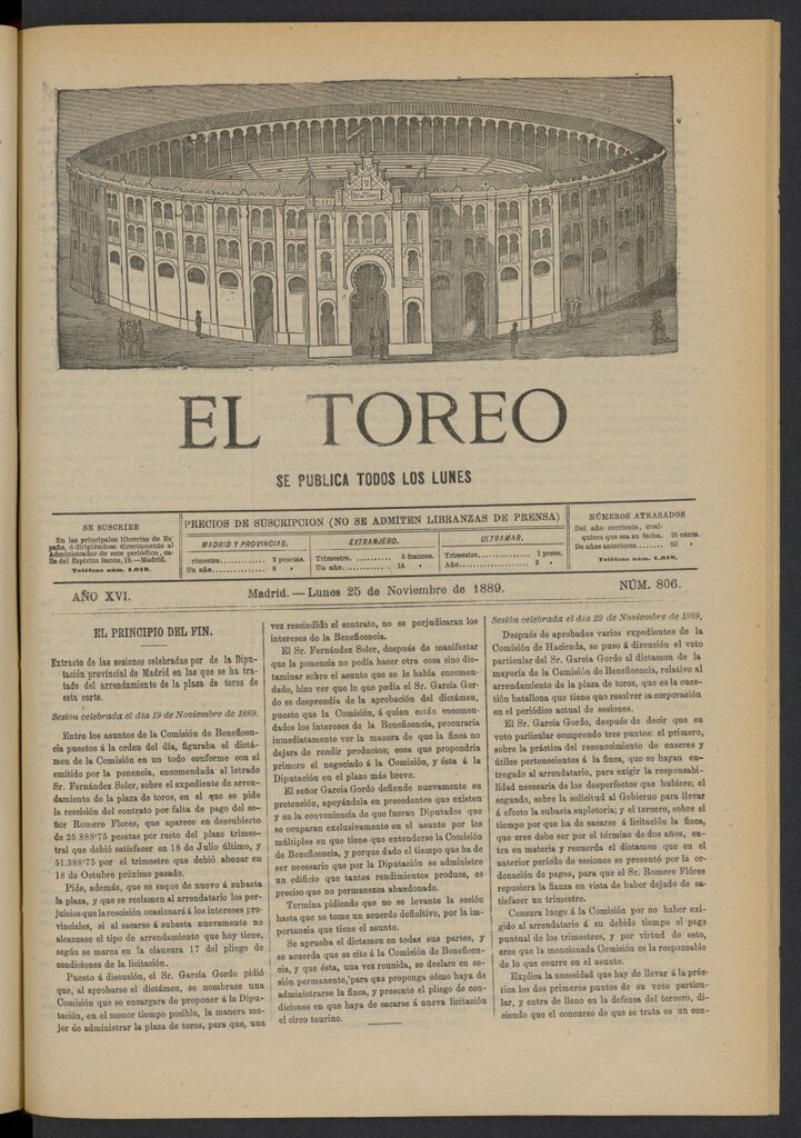 Miniatura de El Toreo: suplemento a "La Correspondencia Teatral" del 25 de noviembre de 1889, nº 806