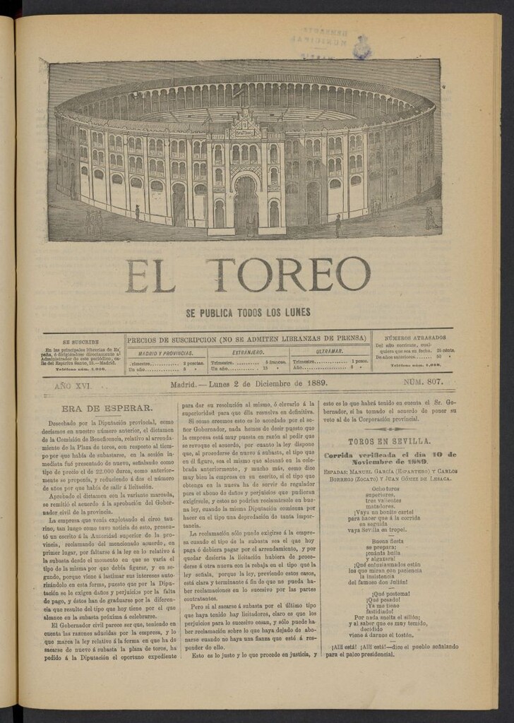 Miniatura de El Toreo: suplemento a "La Correspondencia Teatral" del 2 de diciembre de 1889, nº 807