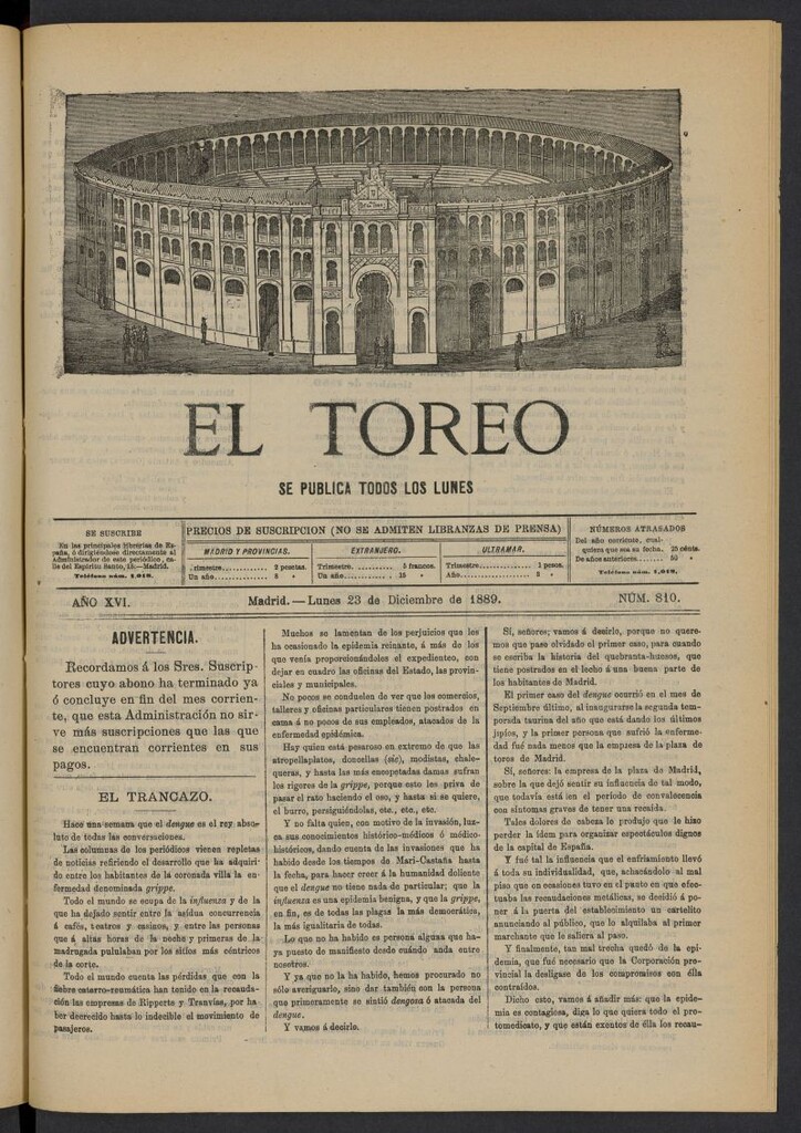 Miniatura de El Toreo: suplemento a "La Correspondencia Teatral" del 23 de diciembre de 1889, nº 810