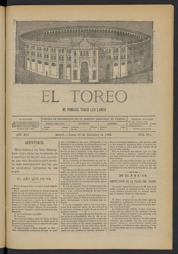 Miniatura de El Toreo: suplemento a "La Correspondencia Teatral" del 30 de diciembre de 1889, nº 811