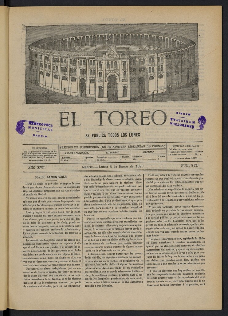 Miniatura de El Toreo: suplemento a "La Correspondencia Teatral" del 6 de enero de 1890, nº 812