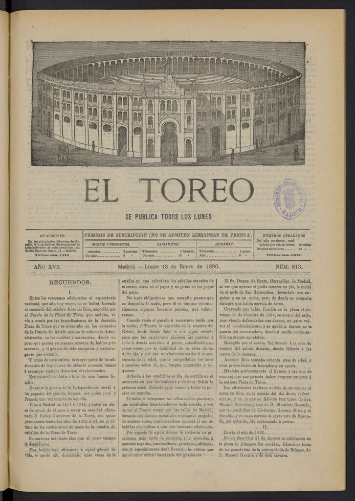 Miniatura de El Toreo: suplemento a "La Correspondencia Teatral" del 13 de enero de 1890, nº 813