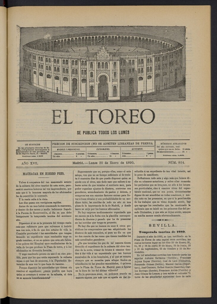 Miniatura de El Toreo: suplemento a "La Correspondencia Teatral" del 20 de enero de 1890, nº 814
