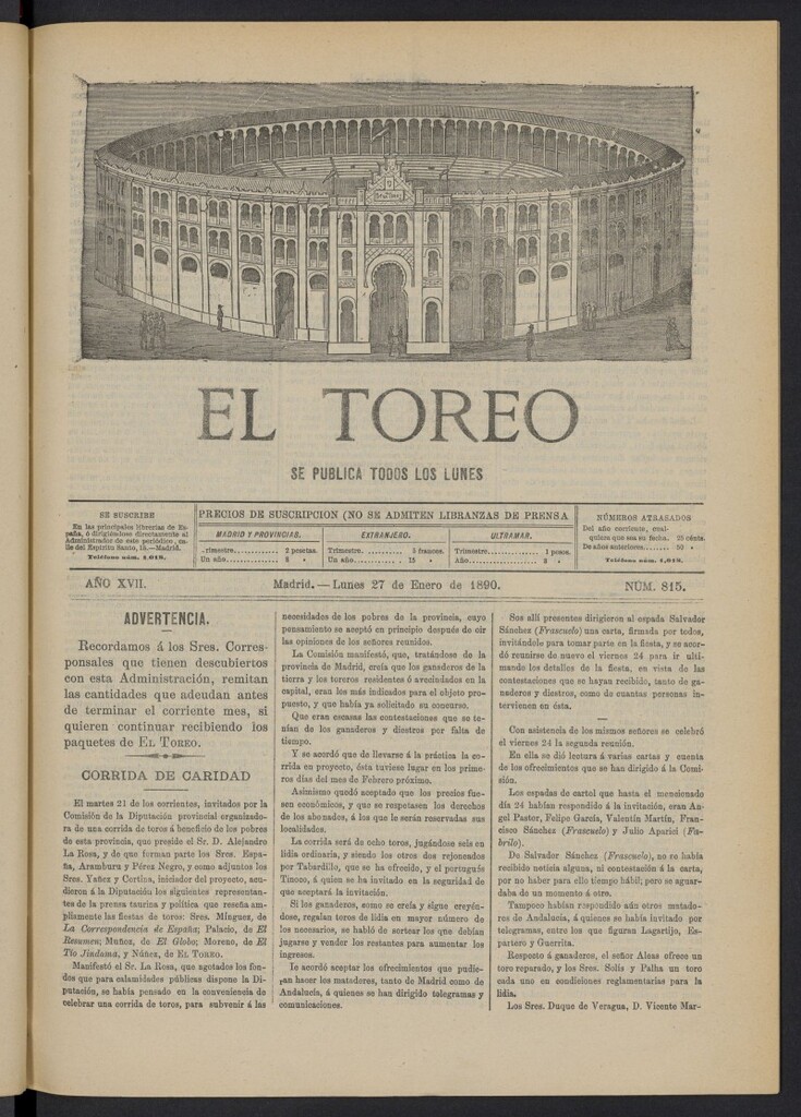 Miniatura de El Toreo: suplemento a "La Correspondencia Teatral" del 27 de enero de 1890, nº 815