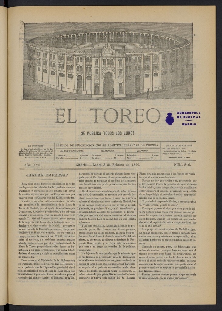 Miniatura de El Toreo: suplemento a "La Correspondencia Teatral" del 3 de febrero de 1890, nº 816