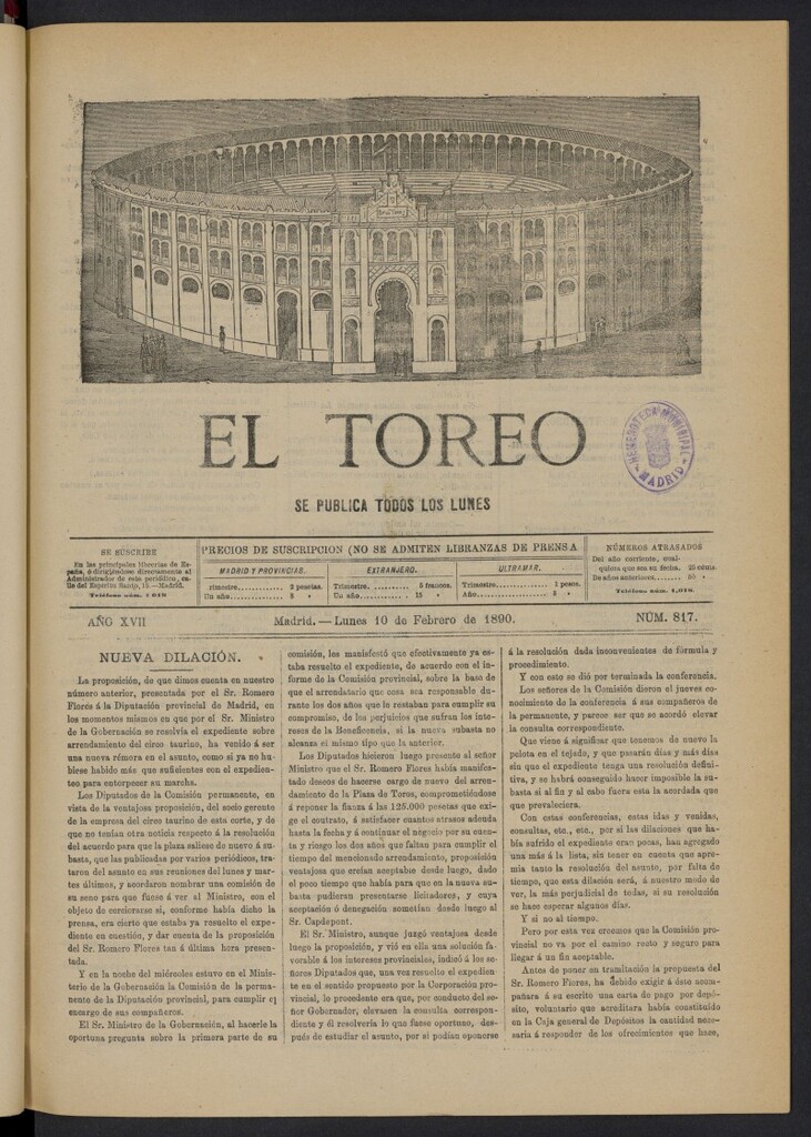 Miniatura de El Toreo: suplemento a "La Correspondencia Teatral" del 10 de febrero de 1890, nº 817