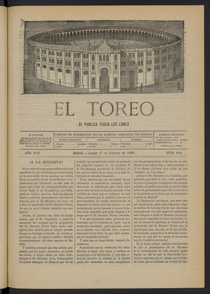 Miniatura de El Toreo: suplemento a "La Correspondencia Teatral" del 17 de febrero de 1890, nº 818