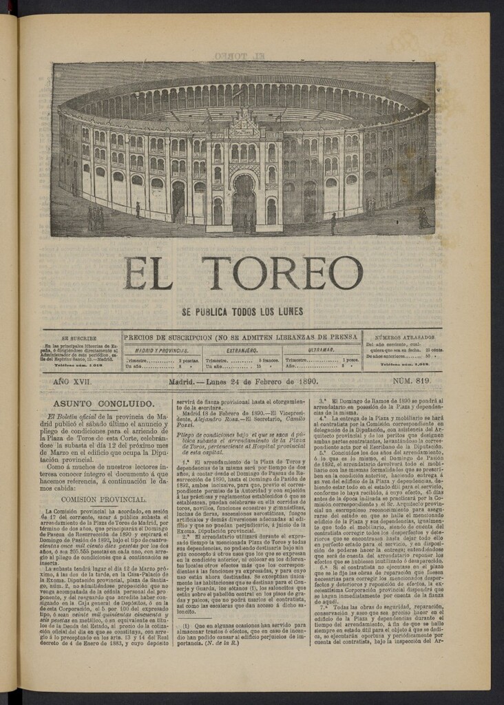 Miniatura de El Toreo: suplemento a "La Correspondencia Teatral" del 24 de febrero de 1890, nº 819
