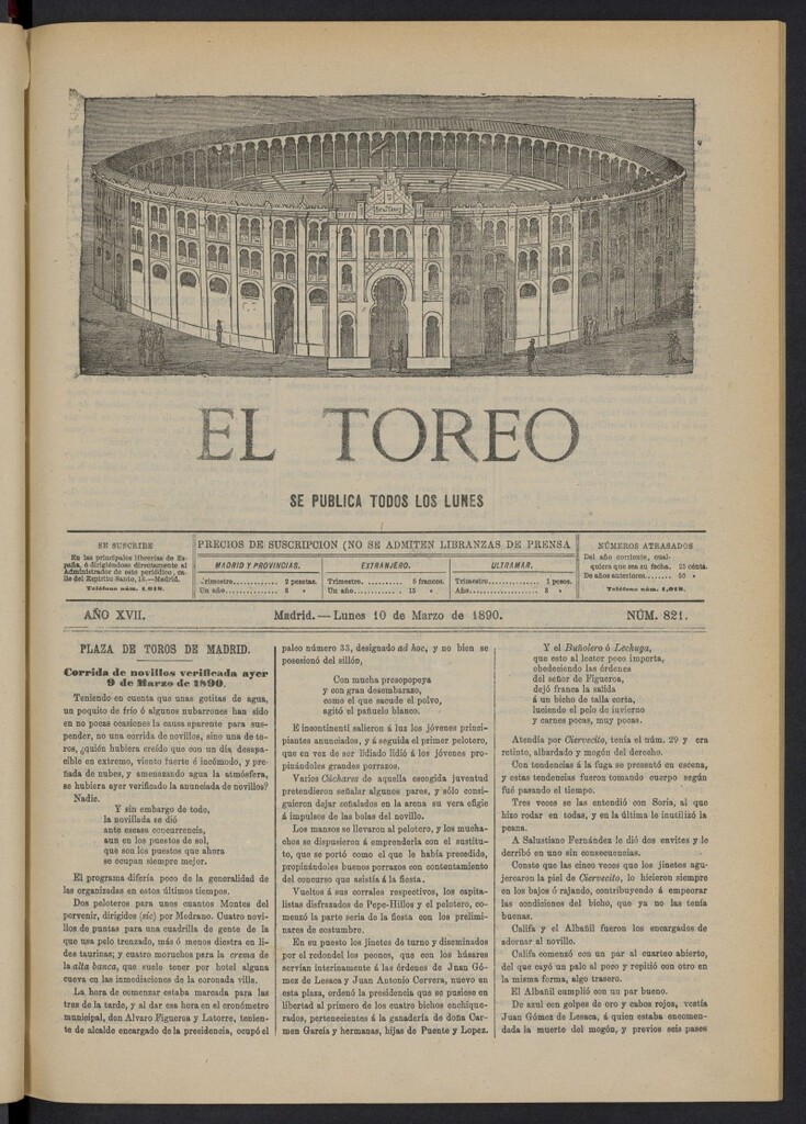 Miniatura de El Toreo: suplemento a "La Correspondencia Teatral" del 10 de marzo de 1890, nº 821
