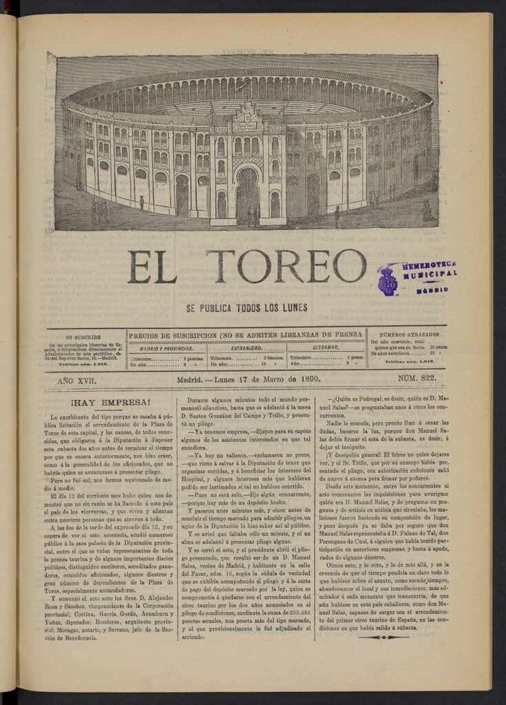 Miniatura de El Toreo: suplemento a "La Correspondencia Teatral" del 17 de marzo de 1890, nº 822