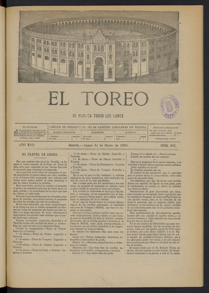 Miniatura de El Toreo: suplemento a "La Correspondencia Teatral" del 24 de marzo de 1890, nº 823