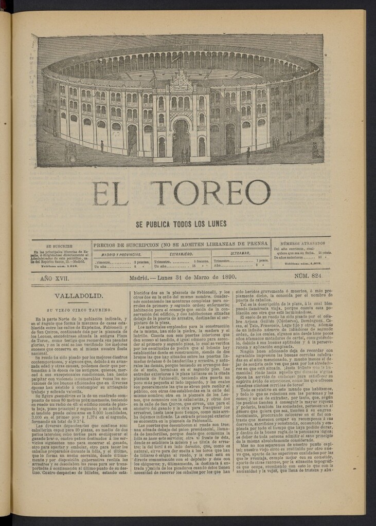 Miniatura de El Toreo: suplemento a "La Correspondencia Teatral" del 31 de marzo de 1890, nº 824