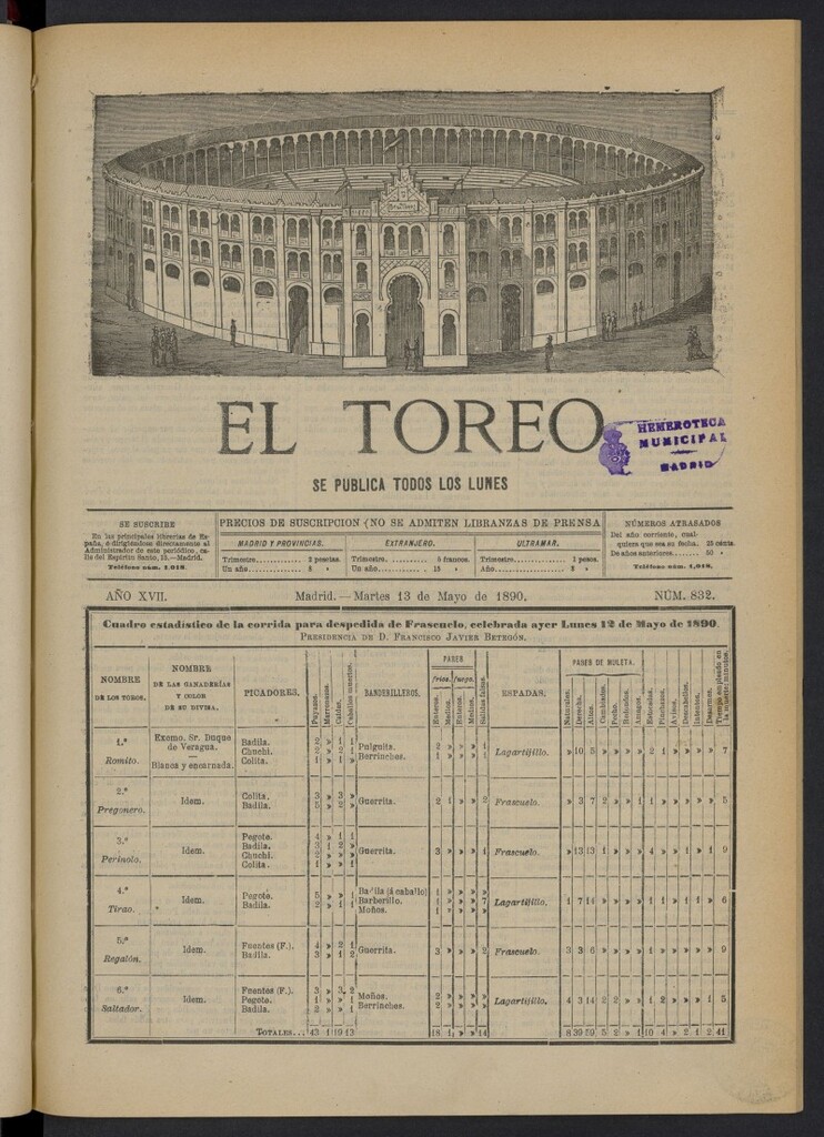Miniatura de El Toreo: suplemento a "La Correspondencia Teatral" del 13 de mayo de 1890, nº 832