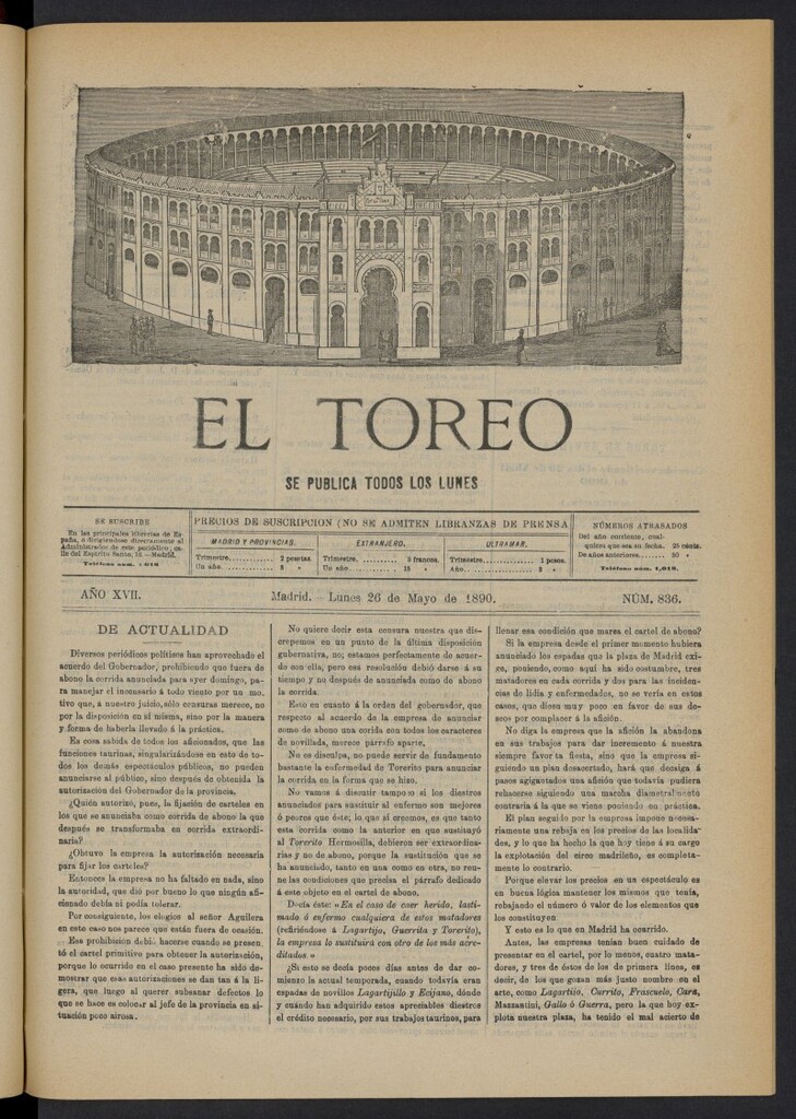 Miniatura de El Toreo: suplemento a "La Correspondencia Teatral" del 26 de mayo de 1890, nº 836