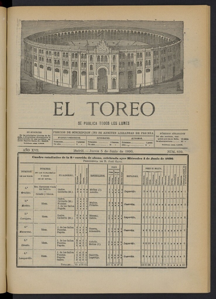 Miniatura de El Toreo: suplemento a "La Correspondencia Teatral" del 5 de junio de 1890, nº 839