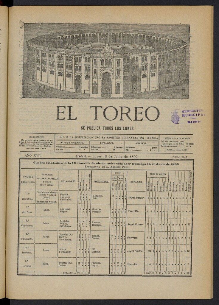Miniatura de El Toreo: suplemento a "La Correspondencia Teatral" del 16 de junio de 1890, nº 841
