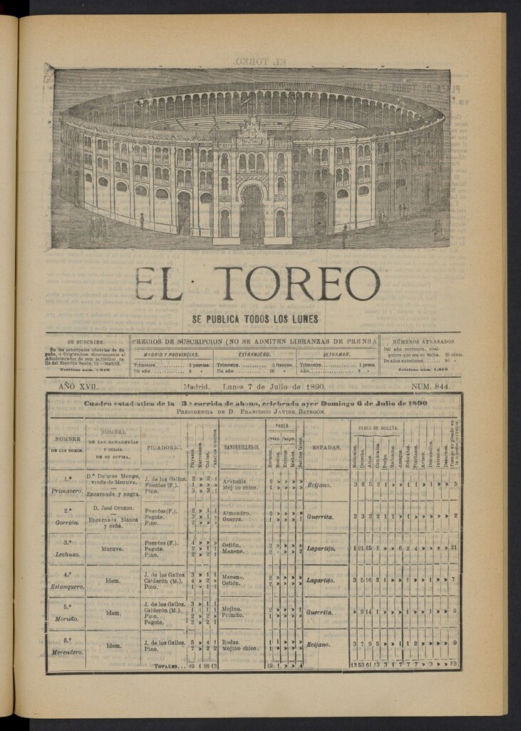 Miniatura de El Toreo: suplemento a "La Correspondencia Teatral" del 7 de julio de 1890, nº 844