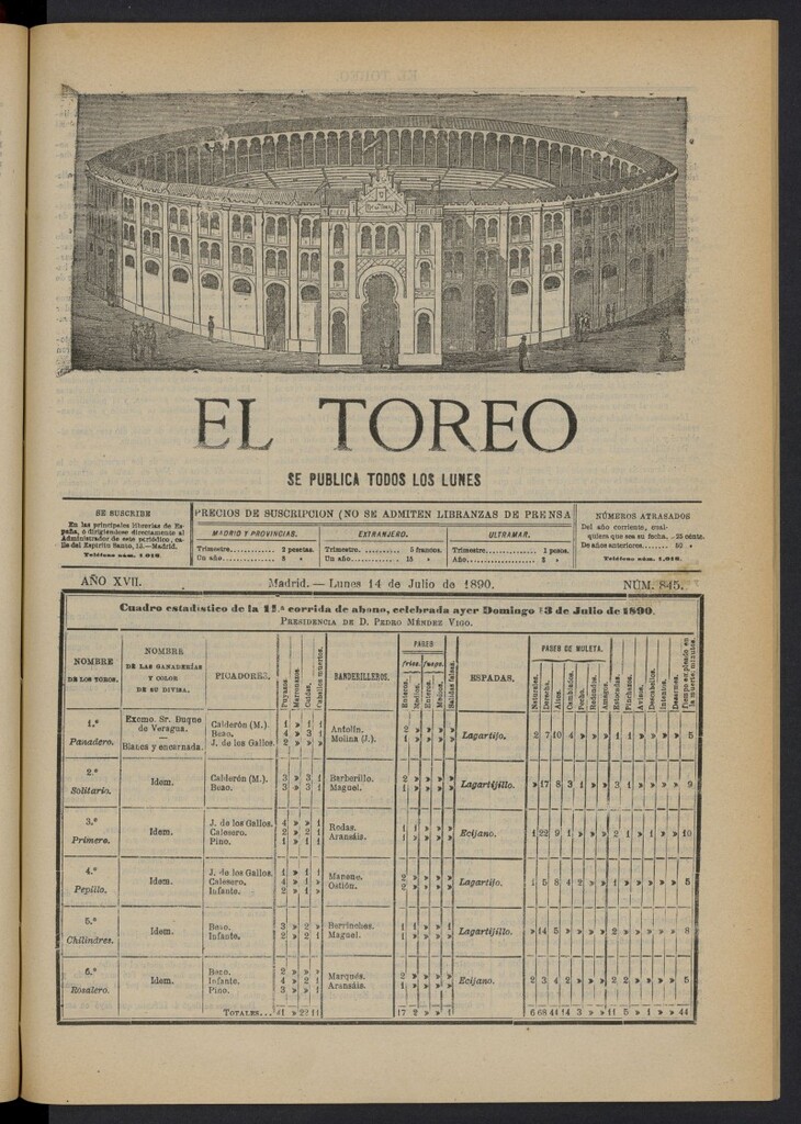 Miniatura de El Toreo: suplemento a "La Correspondencia Teatral" del 14 de julio de 1890, nº 845
