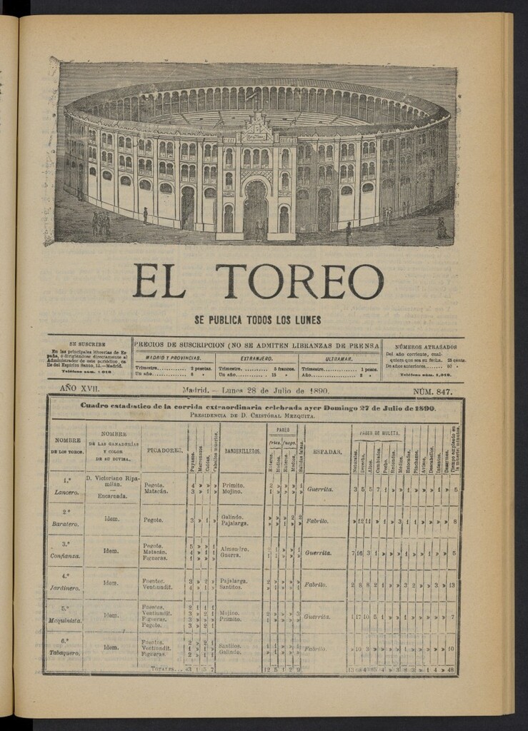 Miniatura de El Toreo: suplemento a "La Correspondencia Teatral" del 28 de julio de 1890, nº 847