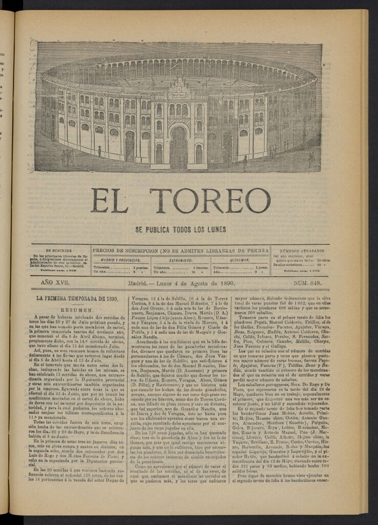 Miniatura de El Toreo: suplemento a "La Correspondencia Teatral" del 4 de agosto de 1890, nº 848