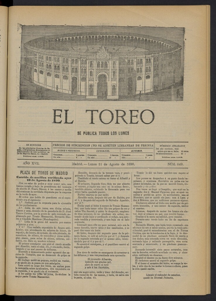 Miniatura de El Toreo: suplemento a "La Correspondencia Teatral" del 11 de agosto de 1890, nº 849