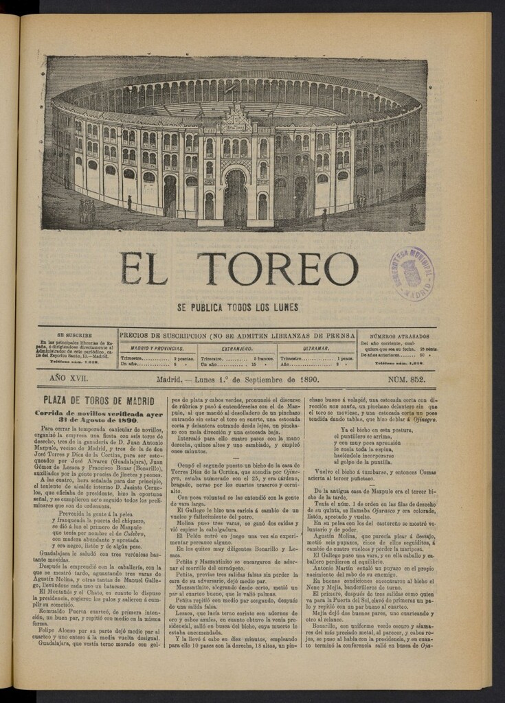 Miniatura de El Toreo: suplemento a "La Correspondencia Teatral" del 1 de septiembre de 1890, nº 852