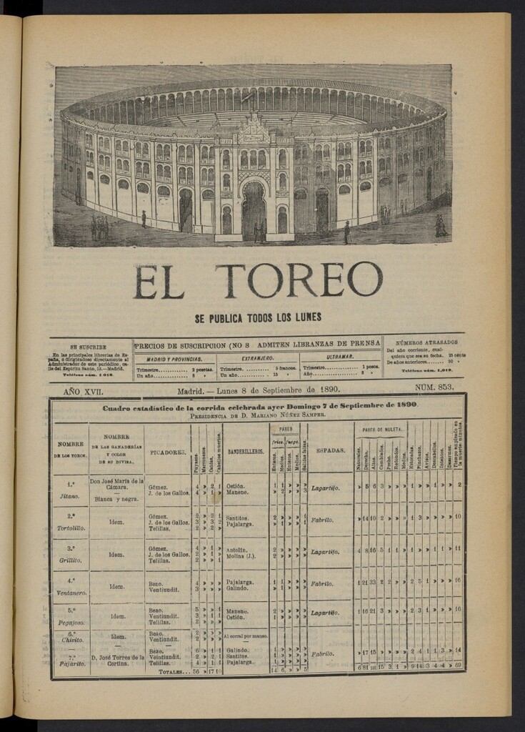 Miniatura de El Toreo: suplemento a "La Correspondencia Teatral" del 8 de septiembre de 1890, nº 853