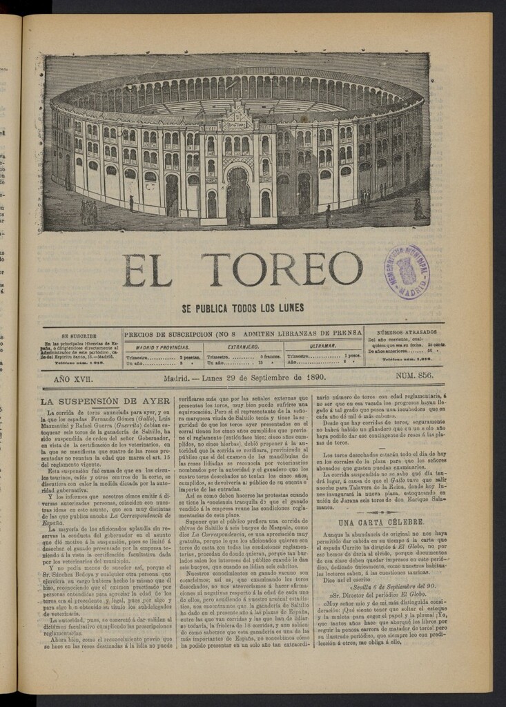 Miniatura de El Toreo: suplemento a "La Correspondencia Teatral" del 29 de septiembre de 1890, nº 856