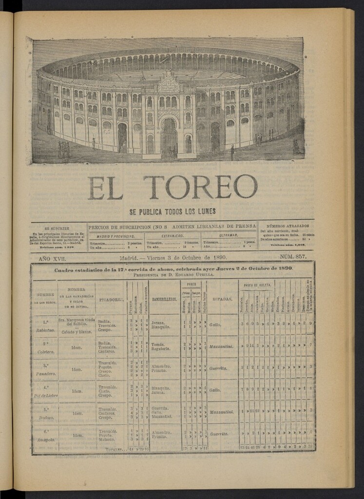 Miniatura de El Toreo: suplemento a "La Correspondencia Teatral" del 3 de octubre de 1890, nº 857