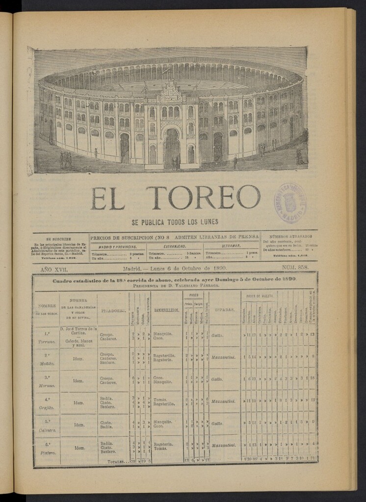 Miniatura de El Toreo: suplemento a "La Correspondencia Teatral" del 6 de octubre de 1890, nº 858