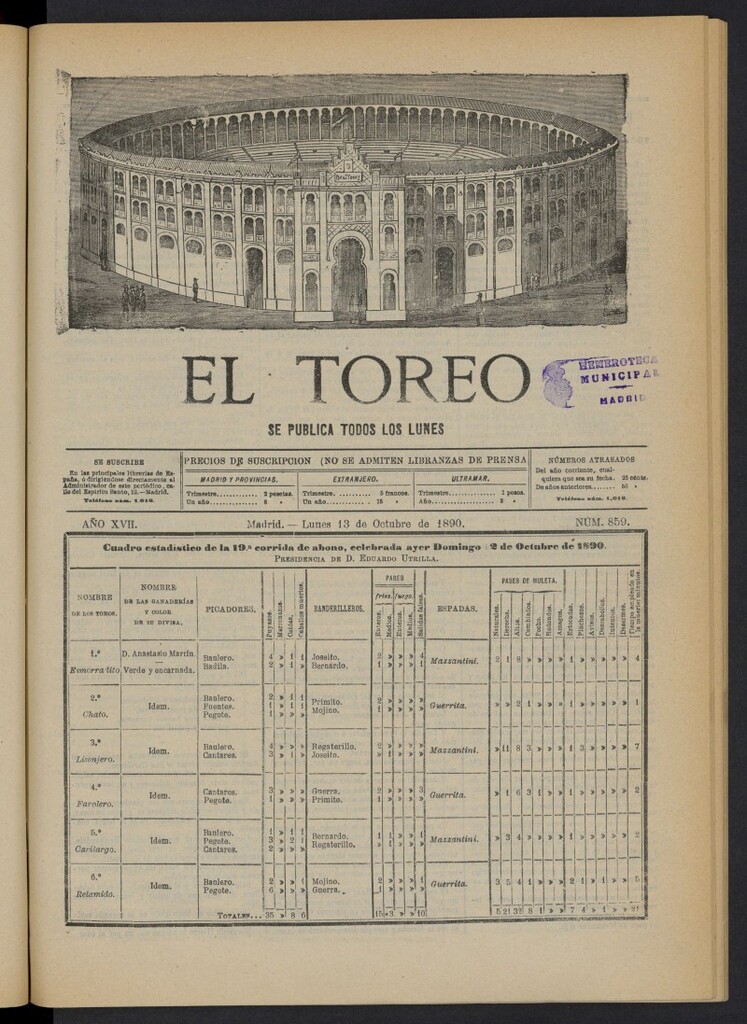 Miniatura de El Toreo: suplemento a "La Correspondencia Teatral" del 13 de octubre de 1890, nº 859