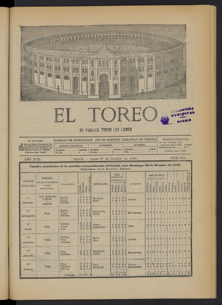 Miniatura de El Toreo: suplemento a "La Correspondencia Teatral" del 27 de octubre de 1890, nº 861