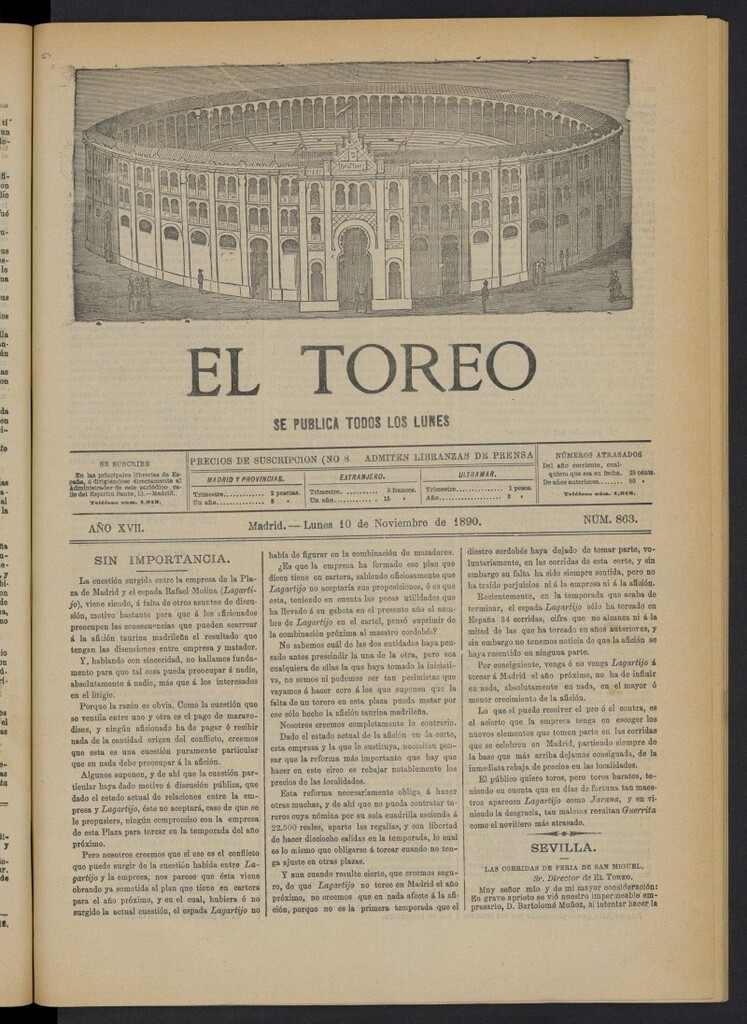 Miniatura de El Toreo: suplemento a "La Correspondencia Teatral" del 10 de noviembre de 1890, nº 863