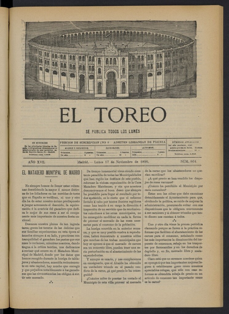 Miniatura de El Toreo: suplemento a "La Correspondencia Teatral" del 17 de noviembre de 1890, nº 864