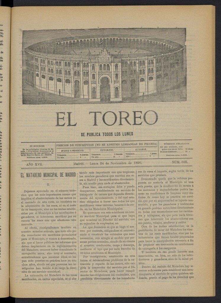 Miniatura de El Toreo: suplemento a "La Correspondencia Teatral" del 24 de noviembre de 1890, nº 865