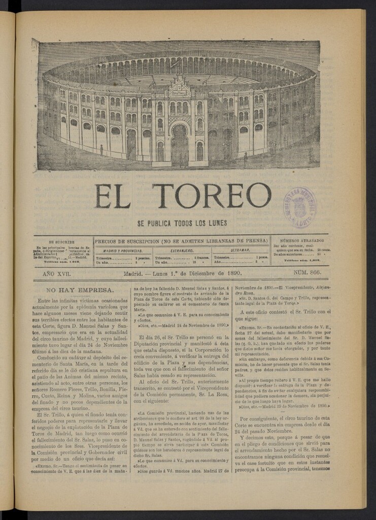 Miniatura de El Toreo: suplemento a "La Correspondencia Teatral" del 1 de diciembre de 1890, nº 866