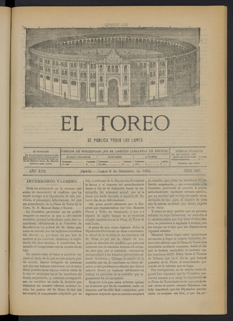 Miniatura de El Toreo: suplemento a "La Correspondencia Teatral" del 8 de diciembre de 1890, nº 867