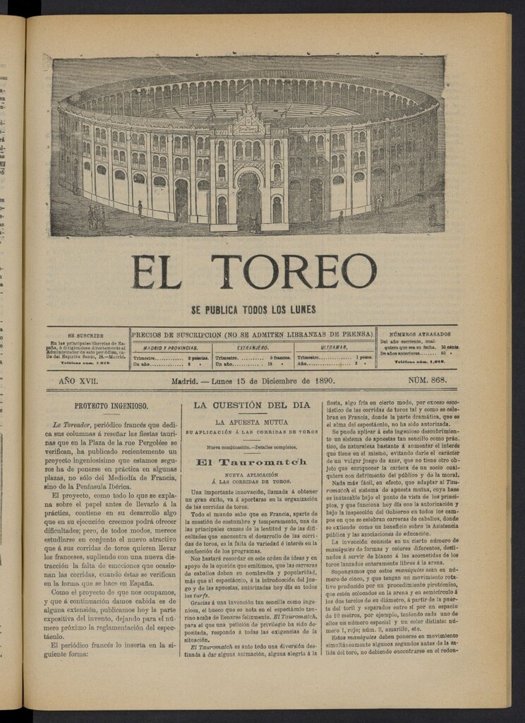 Miniatura de El Toreo: suplemento a "La Correspondencia Teatral" del 15 de diciembre de 1890, nº 868