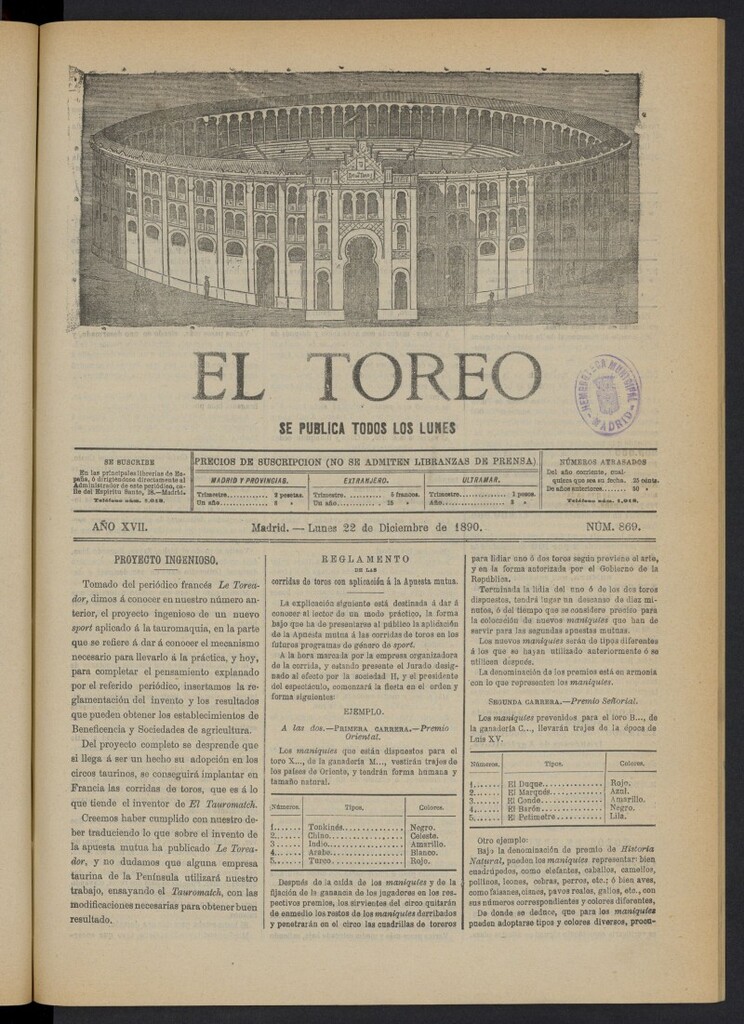 Miniatura de El Toreo: suplemento a "La Correspondencia Teatral" del 22 de diciembre de 1890, nº 869