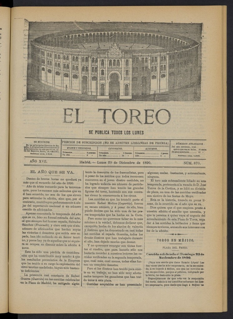 Miniatura de El Toreo: suplemento a "La Correspondencia Teatral" del 29 de diciembre de 1890, nº 870